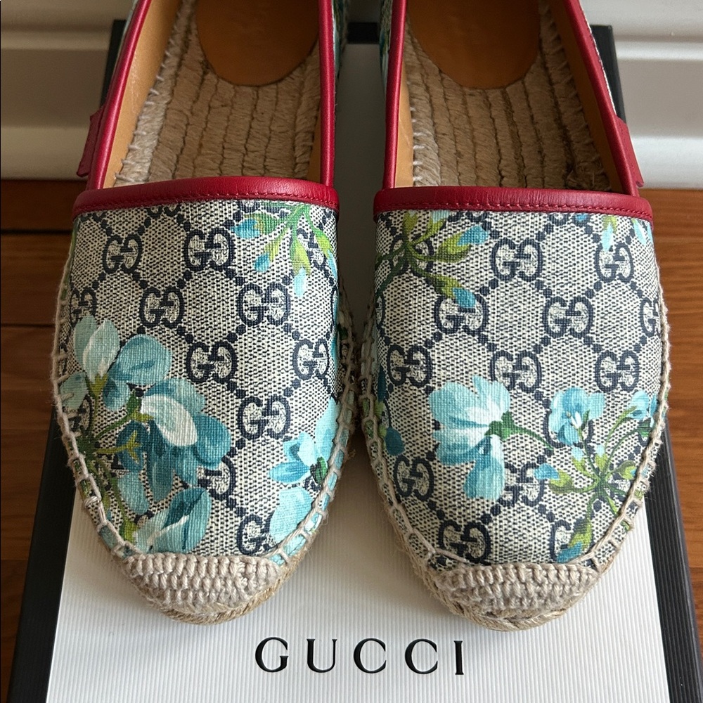 Gucci Blooms Supreme blue floral  Espadrilles red leather trim - Picture 5 of 12